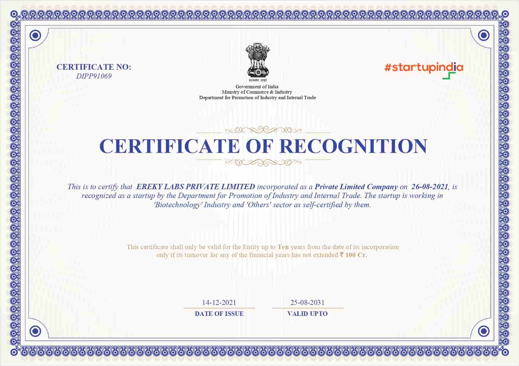 Recognized as Biotechnology Startup